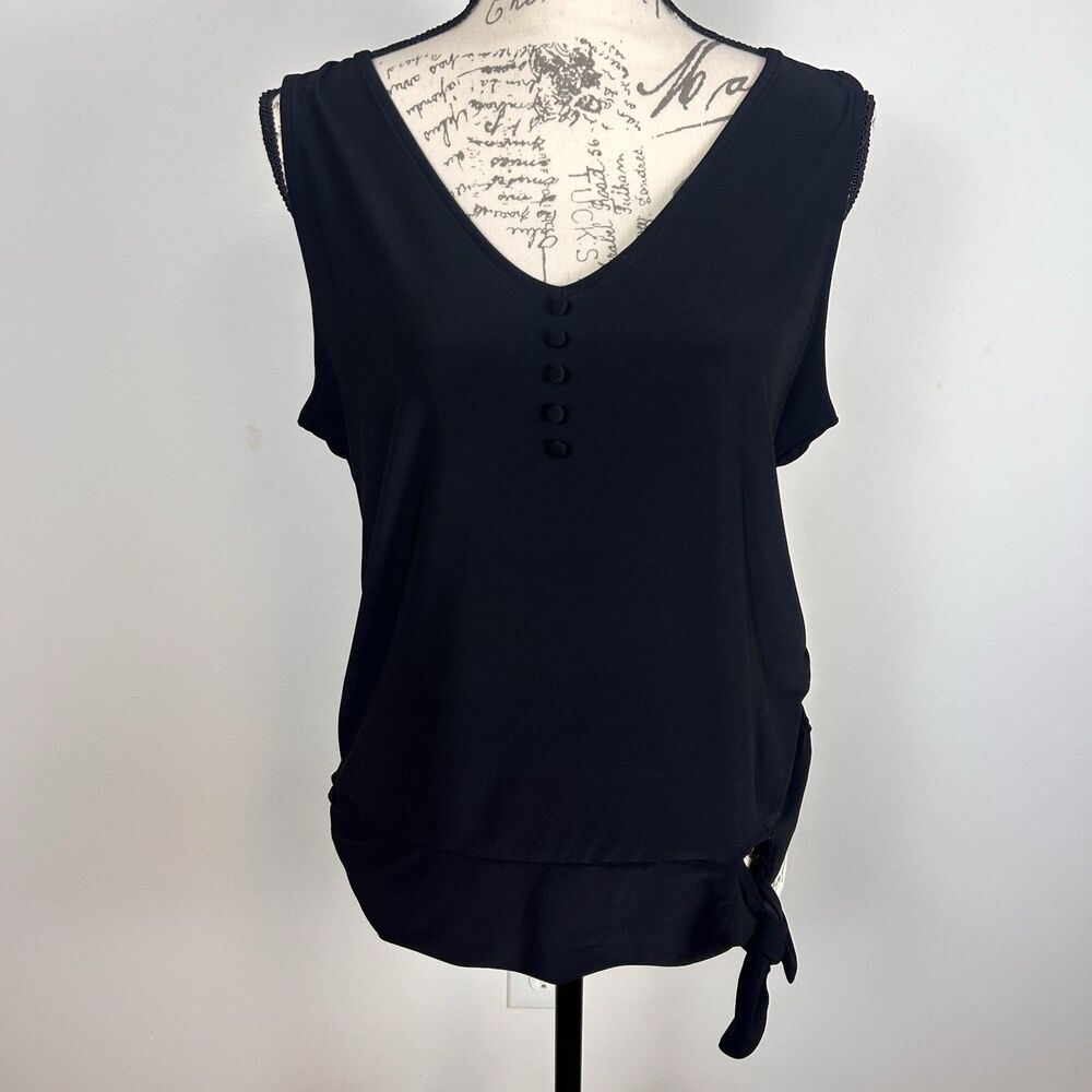 White House Black Market Black Blouse M Sleeveless Tie Waist Career Top